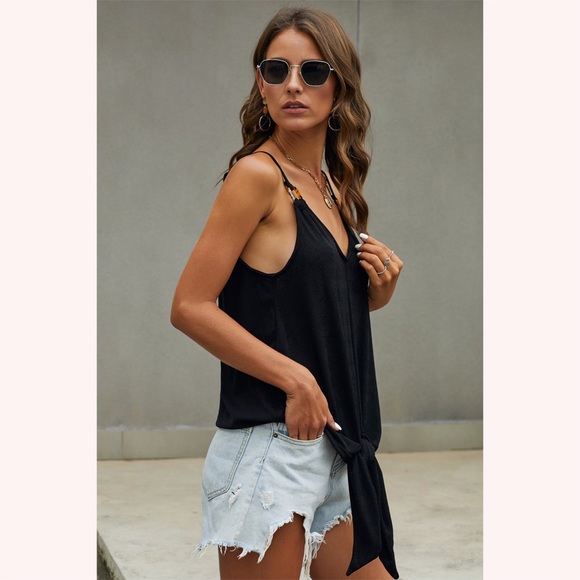Black Quicksand Spaghetti Strap Tank Top with Tie Detailing - Picture 7 of 9